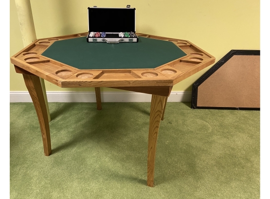 Folding Wood Game Table With Vinyl Top Cover And A Sturdy Metal Case Of Vegas Style Poker Chips