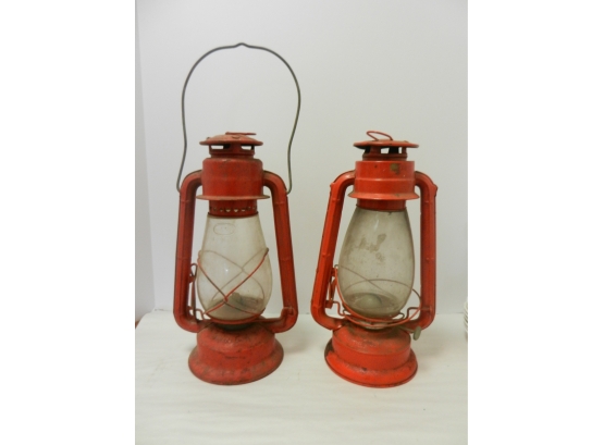 Two Antique Red Metal Oil Kerosene Lanterns, WINGED WHEEL 500 & DIETZ JUNIOR
