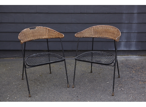 Pair Of Arthur Umanoff Black Iron And Wicker Arm Chairs