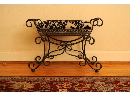 Scrolled Iron Bench Upholstered With Velvet Fabric