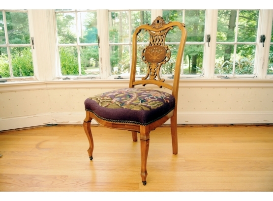 Carved And Mother Of Pearl Inlaid Side Chair With Needlepoint Seat