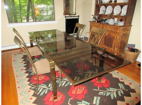 Modern Design Brushed Metal And Smoked Glass Dining Room Table And Four Chairs