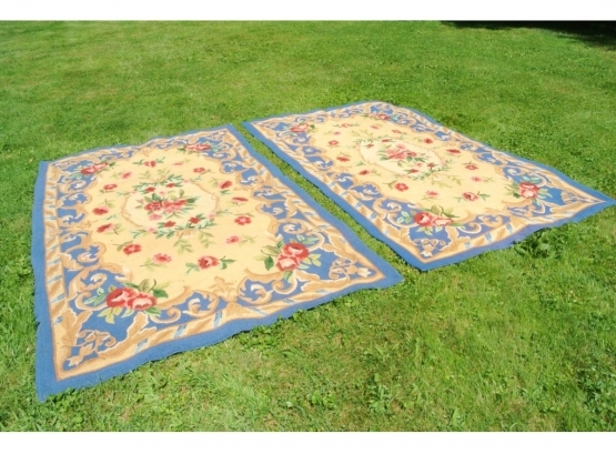 Pair Blue And Yellow Floral Hooked Rugs
