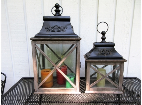 Two Contemporary Wood And Tin Lanterns