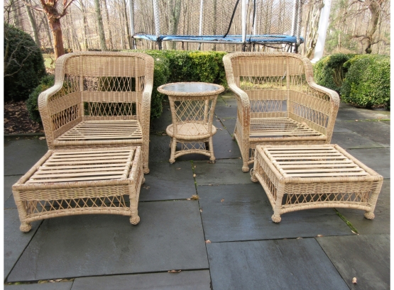 Vintage Outdoor Rattan Set - Two Arm Chairs, Ottomans, Side Table