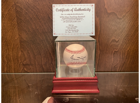 Willie Mays Autographed Rawlings Baseball In Glass Display Case With COA