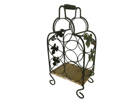 Wrought Iron Wine Rack With Grape Leaf And Rattan Accents