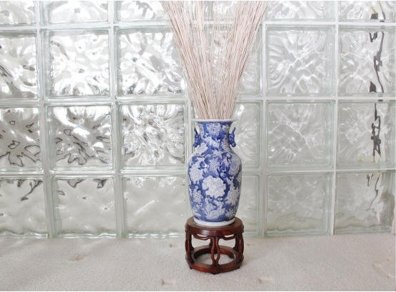 Blue And White Floral Vase With Wood And Marble Stand