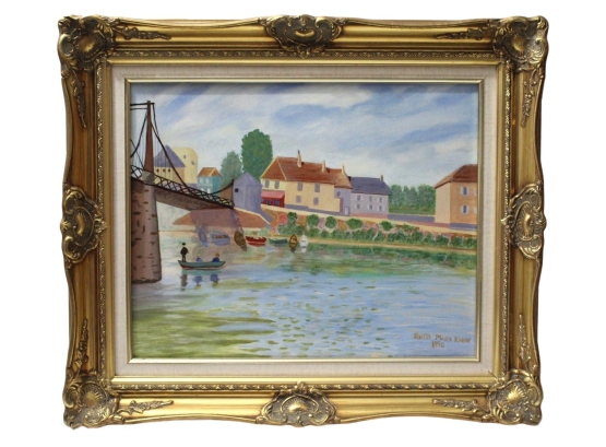 Signed Kahn Oil Painting 'Bridge At Villeneuve La Garennein'