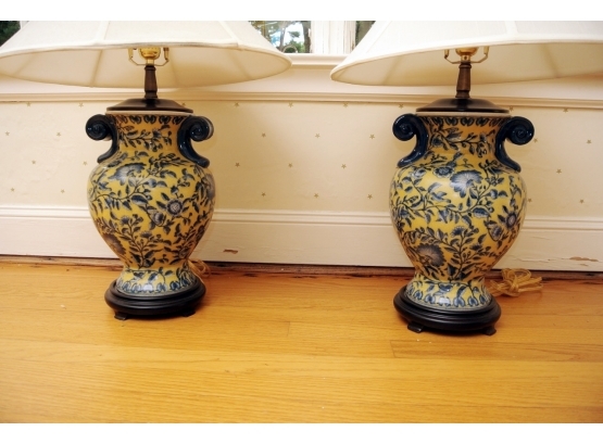 Pair Yellow And Blue Glazed Urn  Lamps