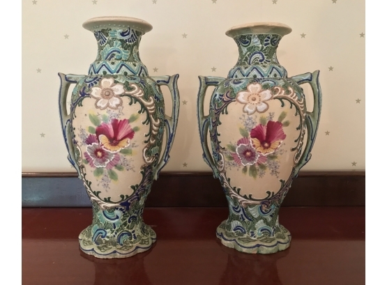 Pair Japanese Pottery Twin Handled Vases