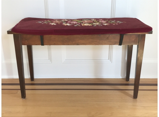 Vintage Piano Bench With Hand Needlepointed Bench Pad