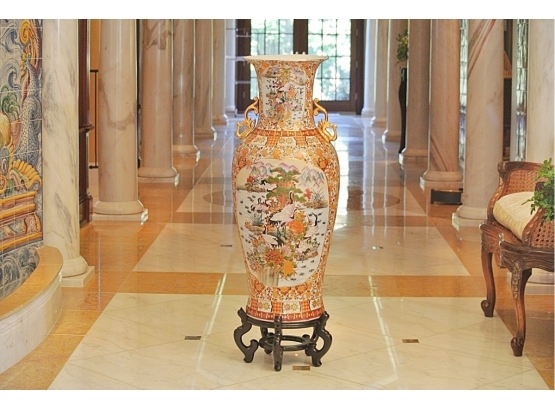 Fantastic Palace Size Oriental Vase On A Wooded Stand