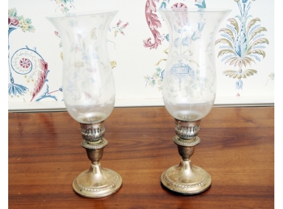 Pair Weighted Silver Candlesticks And Hurricane Tops