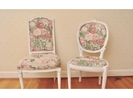 Two Floral Upholstered And White Painted And Carved Side Chairs