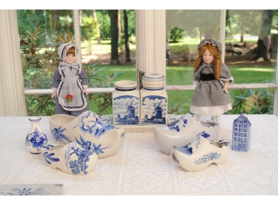 Blue And White Delft Collection Along With Two German Dolls