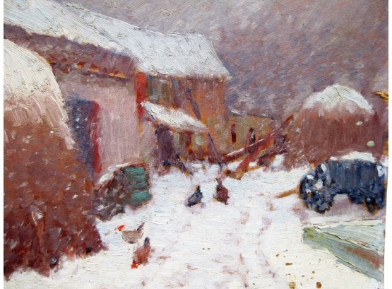 Antique Impressionist Oil On Board Of A Farmyard In Snow