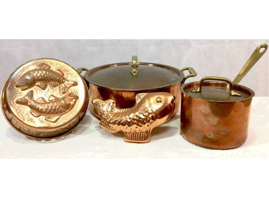 Two Cop*R*Chef Copper Cookware & Two Vintage Copper Fish Molds
