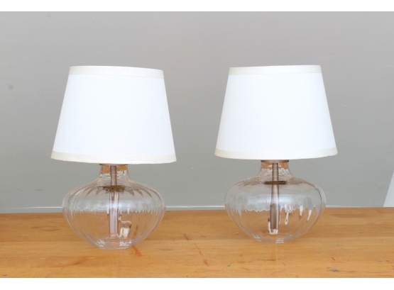 Two Cute Bulbous Form Glass Table Lamps With Shades