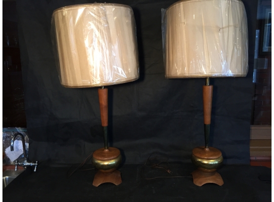 Two Teak And Metal Mid Century Modern Table Lamps