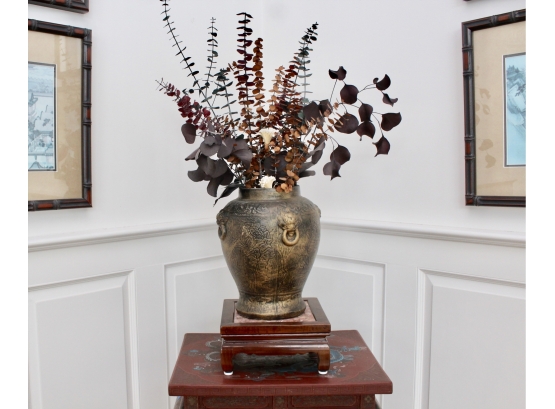 Eucalyptus Floral Arrangement In Gold Gilt Vase On Marble And Wood Pedestal Stand
