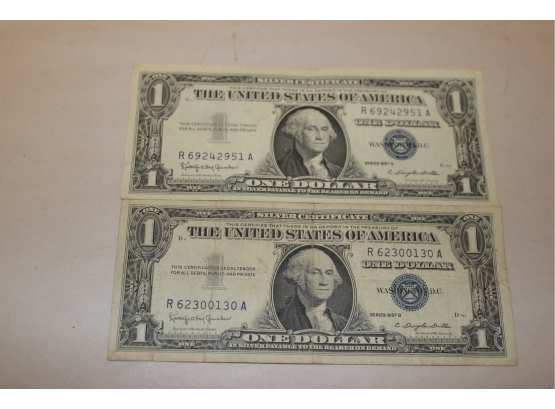 2 1957B United States Silver Certificates Blue Seal $1 One Dollar Bills
