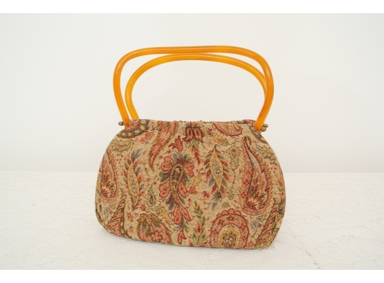 Vintage Tapestry Handbag With An Interesting Bakelite Handle By Regency Tapestry