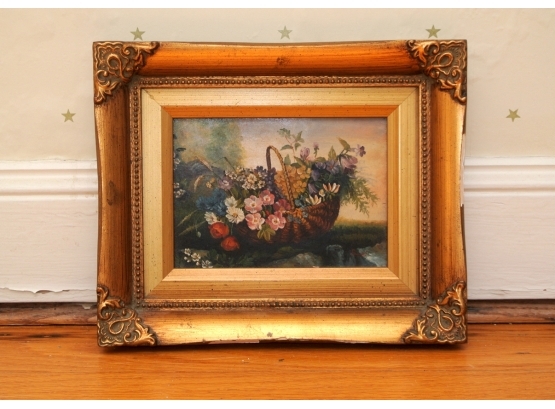 Small Oil On Panel Still Life Depicting A Basket Of Flowers