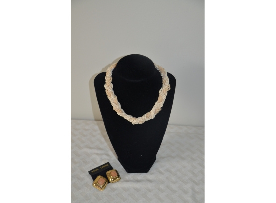 (#110) Pearl Bead Costume Choker Necklace With Clip Earrings