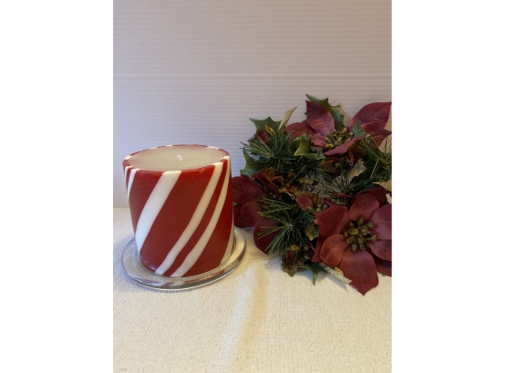 Peppermint Stripe Candle With Decorative Candle Ring