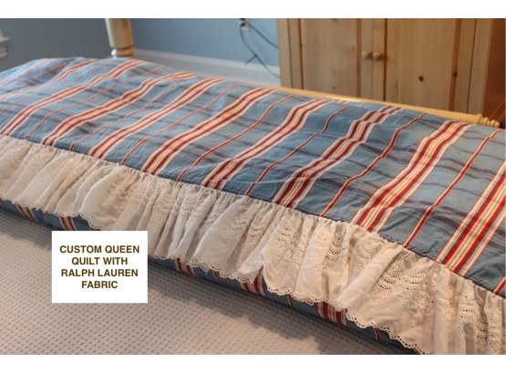 Custom Queen Comforter With Ralph Lauren Fabric, White Eyelet Border & Pink Checkerboard Floor Mat