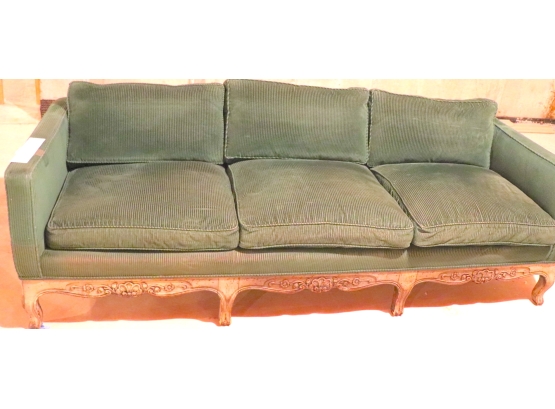 French Provincial Vintage 3 Seat Sofa With Green Corduroy Fabric