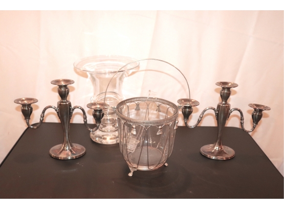 Gorham Silver-plate Candlesticks, Glasswork Vase & Ice Bucket
