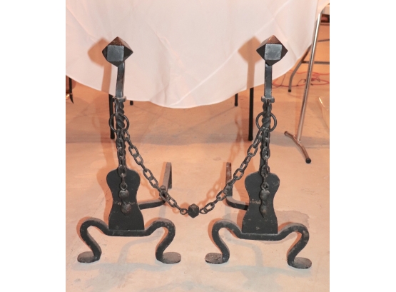 Wrought Iron Andirons With Chain Links