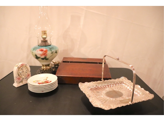 Cookie Tray, Wooden Boxed Lap Desk, Hurricane Lamp, Hampton Quartz Porcelain Clock & 6 Small Limoges Plates