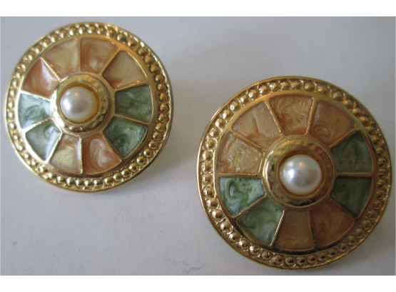 PAIR Vintage DISC Pierced Earrings, Gold Tone Finish, Faux Pearls
