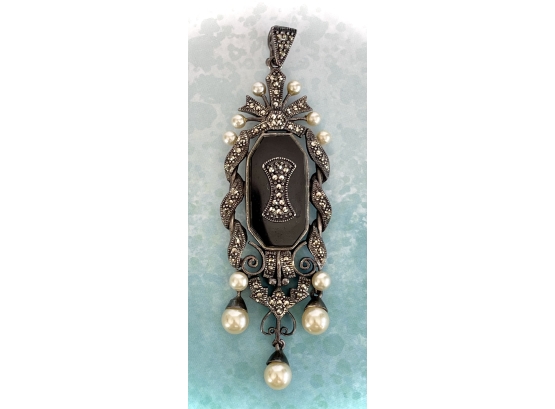 Vintage Sterling Silver Pendent,  Antique Style With Onyx, Rhinestones & Faux Peals