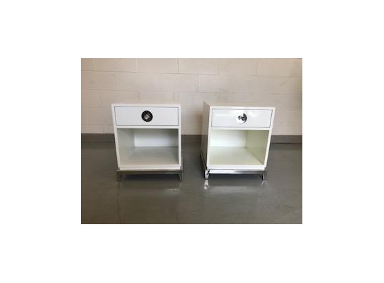 JOHNATHAN ADLER MATCHED PAIR OF  WHITE 'CHANNING NIGHSTANDS' W/ LUCITE PULLS