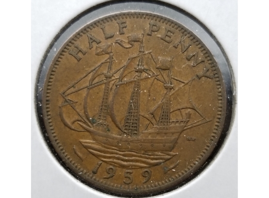 Britain Coin - 1959 British Half Penny - Bronze - Fine