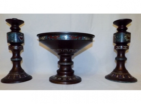 Antique Bronze And Cloisonné Chinese Pedestal Bowl And Candlesticks-29