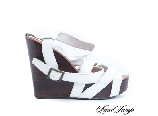 RALPH LAUREN WHITE LEATHER STRAPPY WEDGE PLATFORM SHOES