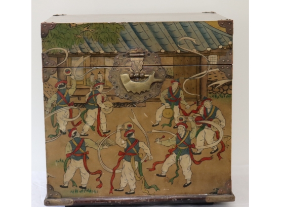 Japanese Wooden Painted  Storage Box With Lock