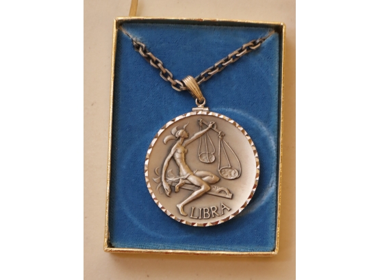 Vintage 1970's Libra Medallion Coin And Chain Necklace With Box