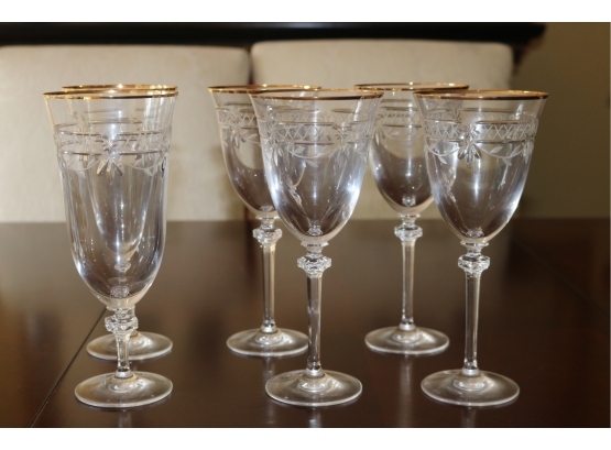 Vintage Set Of 6 SIGNED Royal Doulton WELLESLEY Cut Crystal Glasses Gold Rim