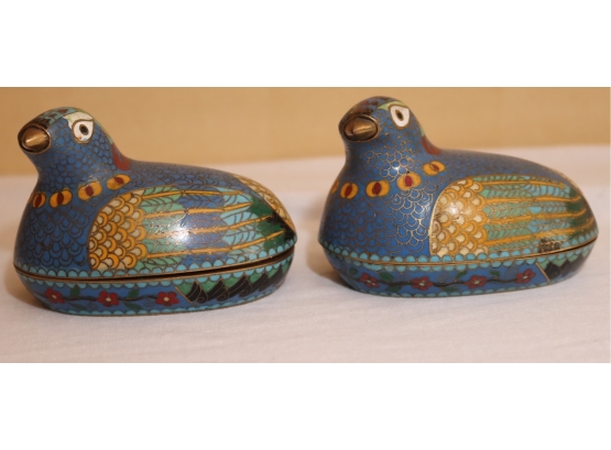 Pair Of Old Cloisonne Bird Trinket Covered Dish