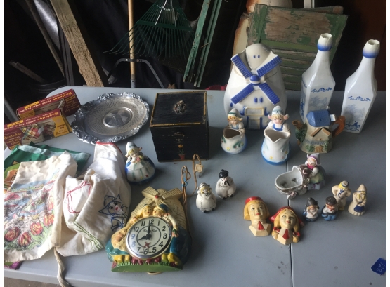 Vintage Dutch Collectibles, Cookie Jar- Kap Co, Creamer, Chalk Clock-works, Decanters, Wooden Box