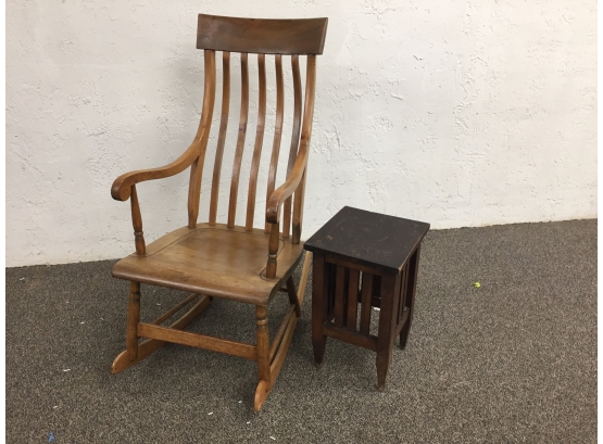 Antique Wooden Rocking Chair And Small Side Table