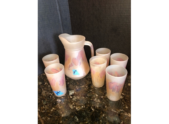 Art Glass Pitcher & 6 Glasses - Opaque In Pastels - Measurements In Photos