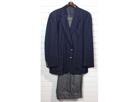 Vintage Men's Burberrys' Navy Jacket & Gray Pants - Size 44