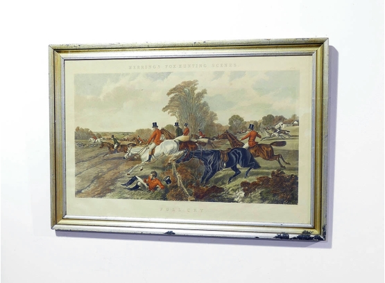 Original 1867 J.F. Herring Fox Hunting Lithograph - Full Cry - In A Custom Distressed Frame